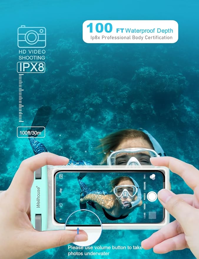 wellhouse Waterproof Phone Pouch, Waterproof Phone Case for iPhone 17 16 15 14 13 Pro Max XS Samsung, IPX8 3D Cellphone Dry Bag Beach Essentials (2 Pack - Black & Green7.0， 7 inch)