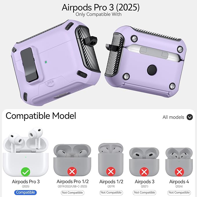 for AirPods Pro 3 Case (2025) with Phone Stand,（with Automatic Snap Switch） Carbon Fiber Design Protection Cover with Cleaning Pen,Purple