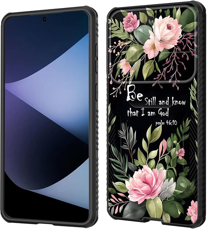 for Galaxy S25 Edge Case Built in Slide Camera Lens Cover,Heavy Duty Shockproof Protection Dual Layer Case for Samsung Galaxy S25 Edge 2025,Flower Bible Verse Psalm 46:10