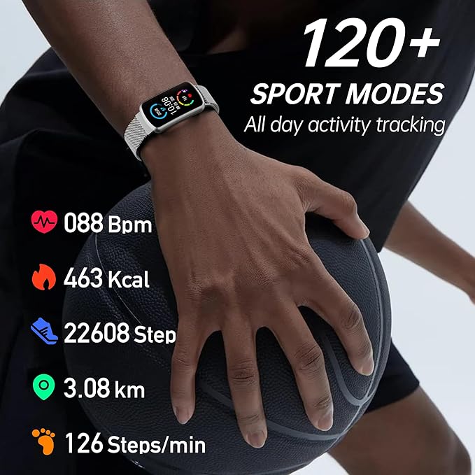 Health Fitness Tracker with 24/7 Heart Rate, Smart Watch with Blood Pressure and Blood Oxygen Monitor, Bulit-in 120+ Sport Mode, Sleep Tracking Waterproof Activity Tracker for Women Men (Metal Silver)