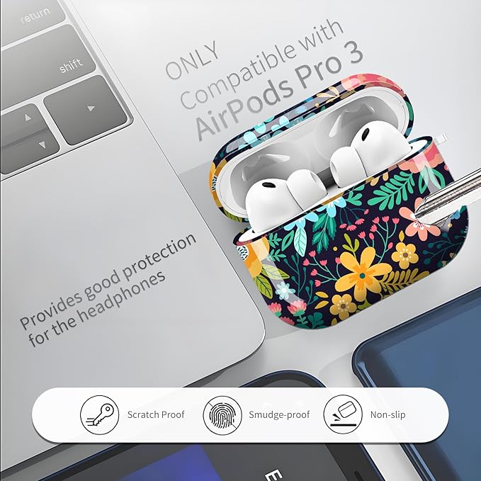 AirPod Pro 3 (2025) Case Cover for Women, Cute Shockproof TPU Protective Case with Gold Round Buckle, Anti-Drop Design Bright Flowers
