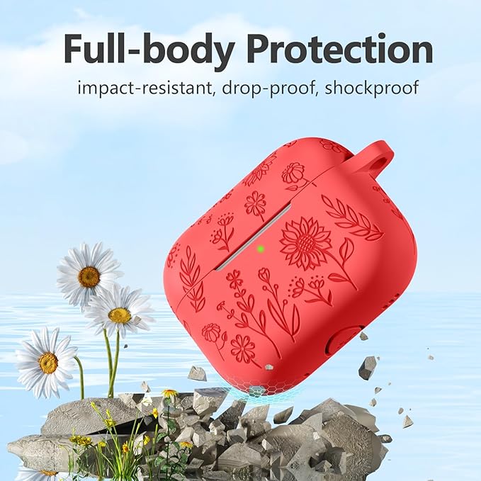 Hamile for AirPods Pro 2nd Generation Case with Cleaner Kit & Keychain, Flower Engraved Soft Silicone Protective AirPods Pro Case Cover for Apple AirPods Pro Case 2nd/1st Gen,Front LED Visible, Red