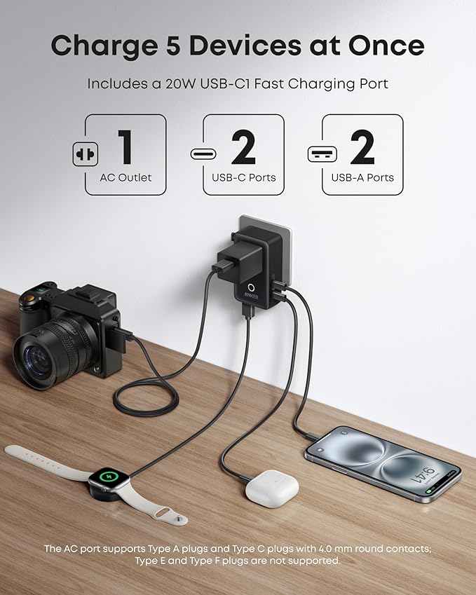 5-Port Nano Travel Power Adapter with USB-C and USB-A for International Travel