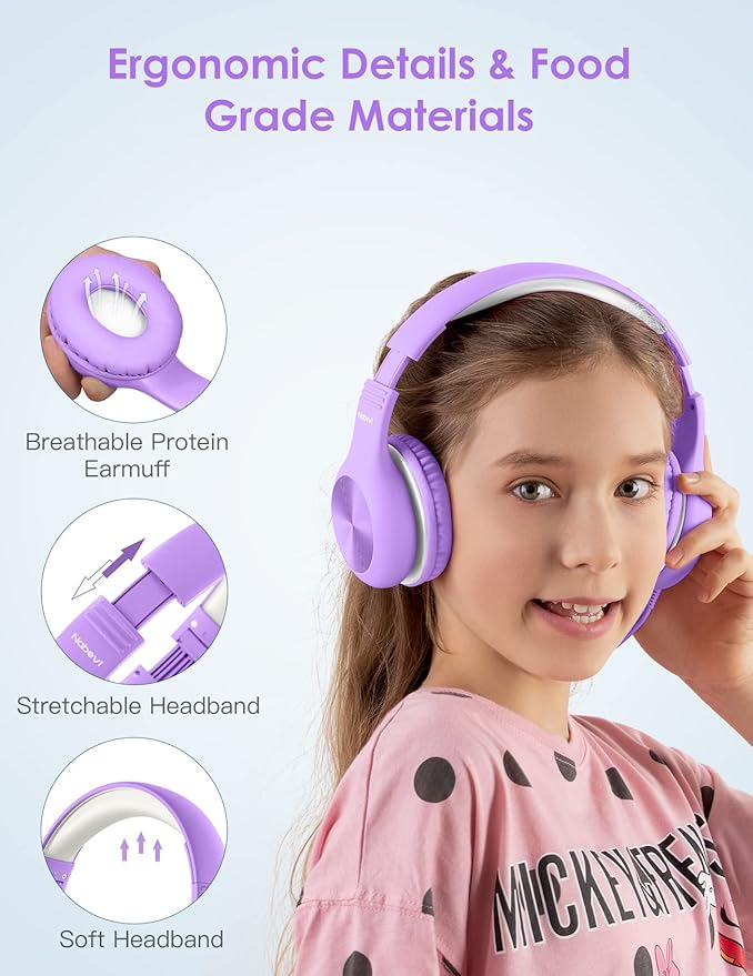Headphones for Kids for School, Kids Headphones with Microphone, Sharing Function, 85dB/94dB Safe Volume Limit, HD Sound, Over Ear Kid Headphone for School, On-line Study, Travel, Violet