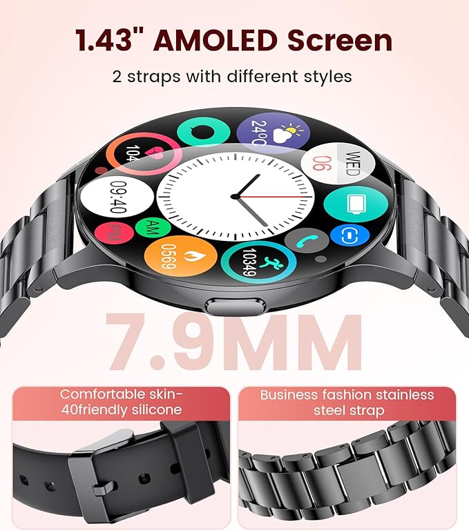 LIGE Smart Watches for Women, Call/Reminders, 1.43" AMOLED Ultra-Thin Activity Trackers with Heart Rate/Sleep/SpO2 Monitor, 100+ Sports Modes Fitness Watch for iOS Android, Black Steel