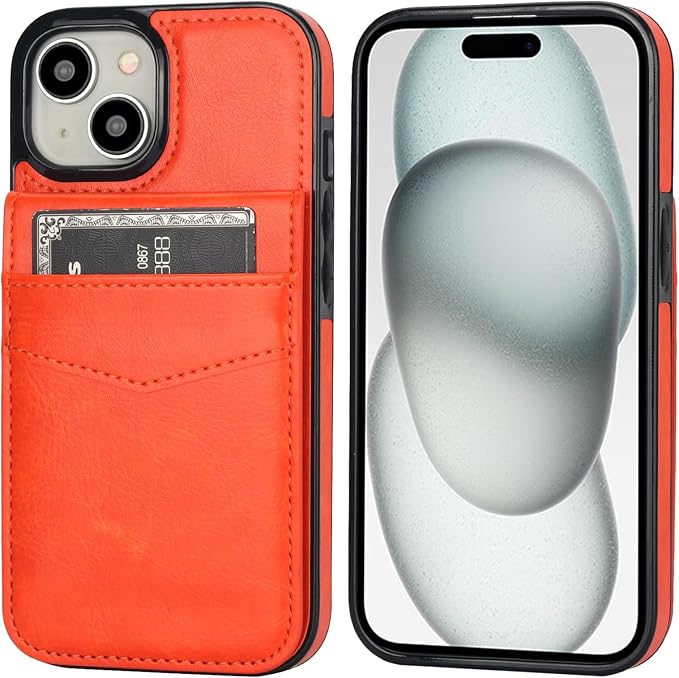 KIHUWEY Compatible with iPhone 15 Case Wallet with Credit Card Holder, Flip Premium Leather Magnetic Clasp Kickstand Heavy Duty Protective Cover for iPhone 15 6.1 Inch (Orange)