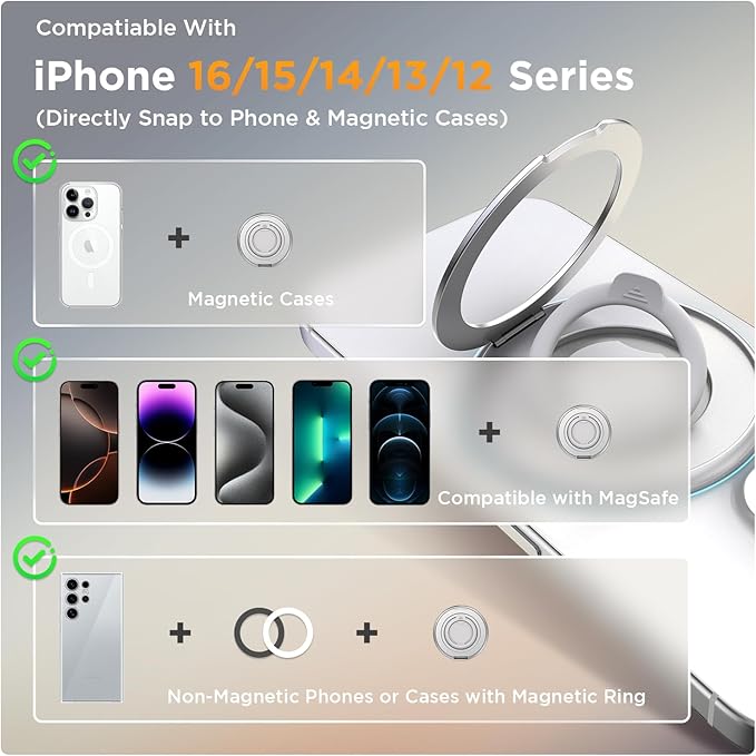 SURPHY Magnetic Phone Ring Holder for MagSafe, Cell Phone Grip Stand and Silicone Finger Ring Compatible with MagSafe Accessories, Kickstand for iPhone 16 15 14 13, Silvery