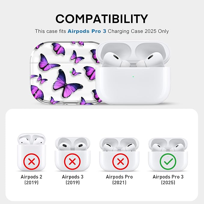 Maxjoy for AirPods Pro 3rd Generation Case, Clear AirPods Pro 3 Case for Women Girly Cute Soft AirPod Pro 3 Cover with Keychain Strap for AirPod Pro 3rd Gen Cover 2025, Purple Butterfly