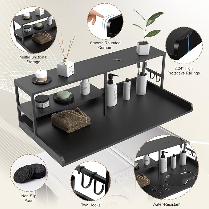 Washer and Dryer Countertop with Shelf, 2-Tier 54" x 27.5" Wood Laundry Countertop, Washer Dryer Topper with High Edge Rails and Hooks, Non-Slip Pads, Waterproof & Heat Resistant Top (Black)