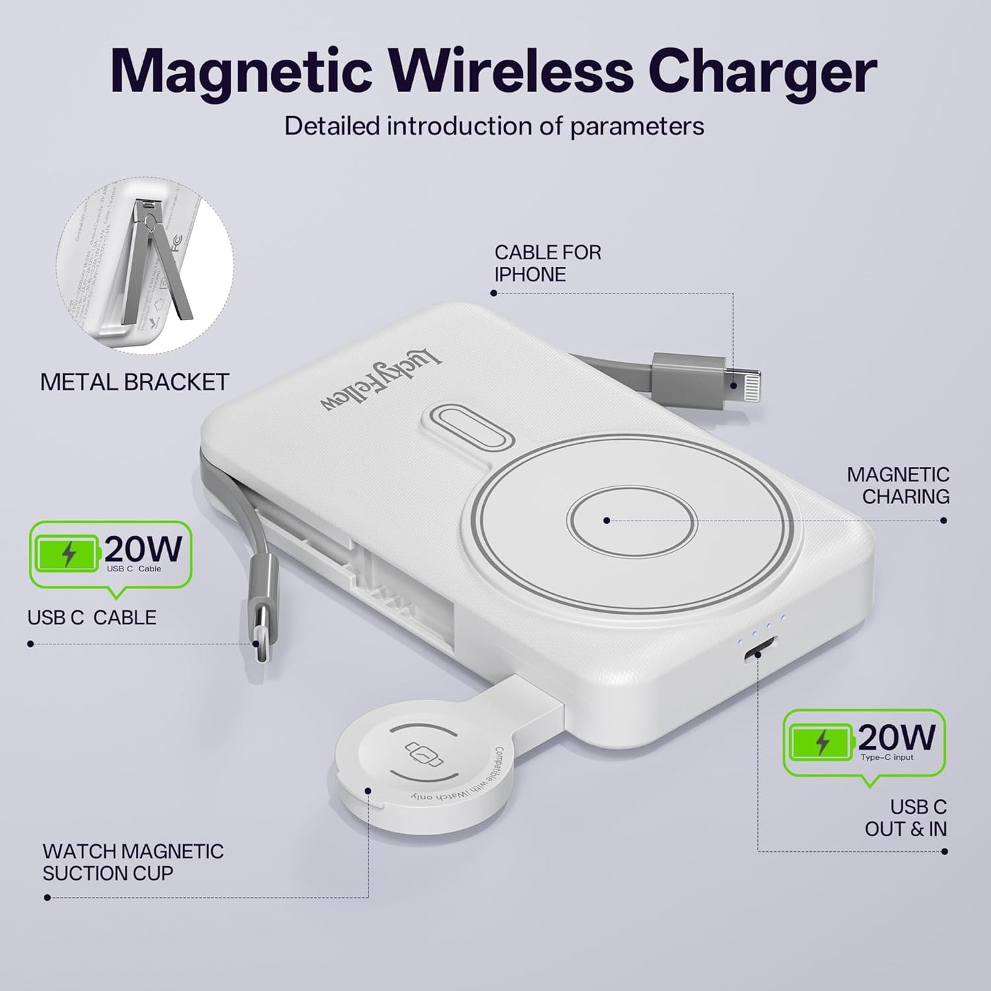 Magnetic Portable Charger 10000mAh Wireless Power Bank with Built-in Cables and Stand Compatible with iPhone