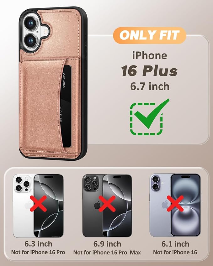 for iPhone 16 Plus Case with Wallet - Fits 4 Card Slots, Compatible with MagSafe for Women Aesthetic Durable PU Leather Credit Card Holder Kickstand Phone Cover for Apple 16 Plus, Rose Gold