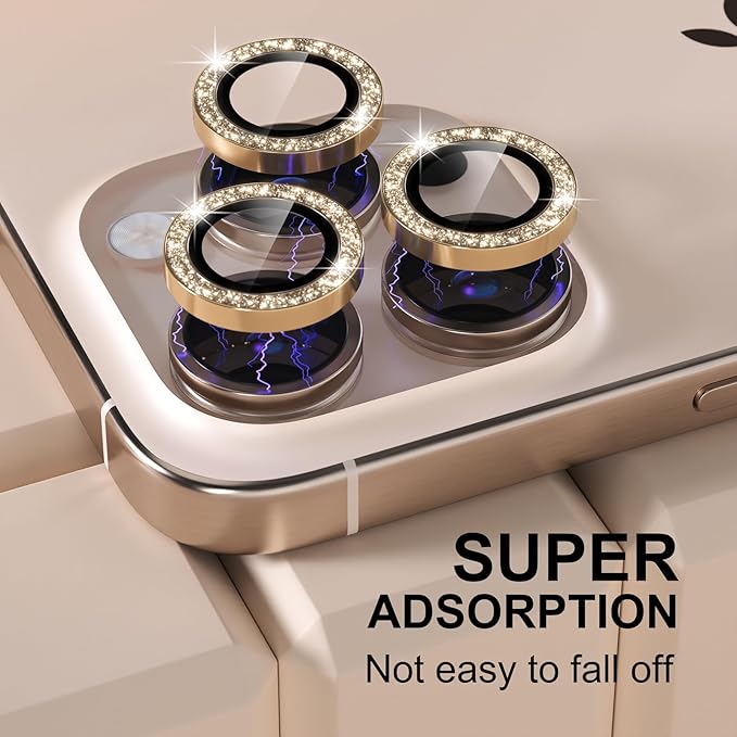 Misea Compatible for iPhone 16 Pro/iPhone 16 Pro Max Camera Lens Protector Bling, 9H Tempered Glass Camera Cover Screen Protector Metal Individual Ring Protector Decoration Accessories, Gold Glitter