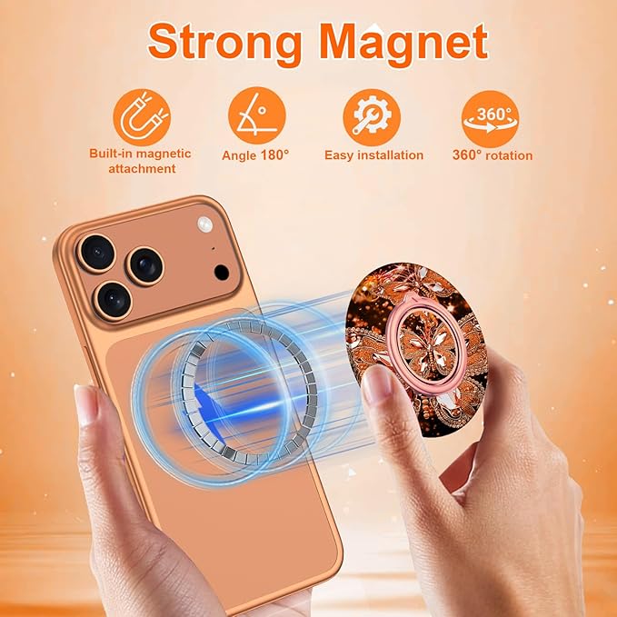 Magnetic Phone Ring Holder for MagSafe Grip,[Super Magnet],Stylish 360° Rotation Cell Phone Grip Stand Finger Ring Kickstand for iPhone 17 16 15 14 Pro Max,iPad and Smartphones,Orange