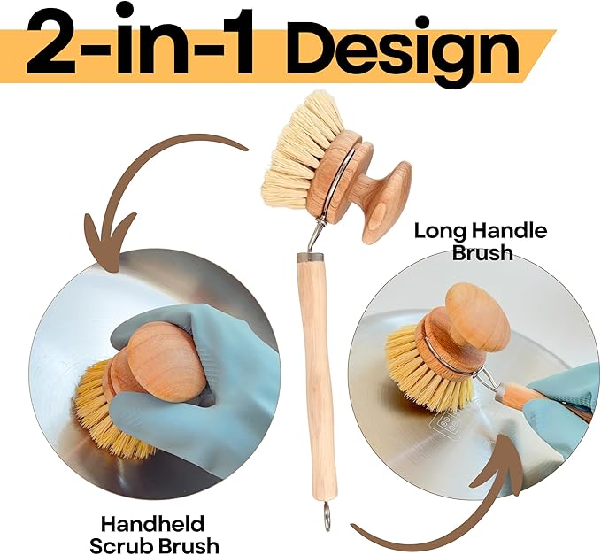 Dish Brush with Handle | 2-in-1 Natural Wooden Brush Set with Detachable Long & Short Handle | Vegetable Brush with Horsehair & Sisal Bristles for Dishes, Pots, and Kitchen Cleaning