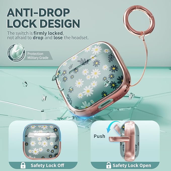 Inesore with Safety Lock for AirPods 4 Case,Clear Floral Cute AirPod 4th Generation Case for Women Girly with Cleaner Kit and Keychain- Green Daisy Flowers