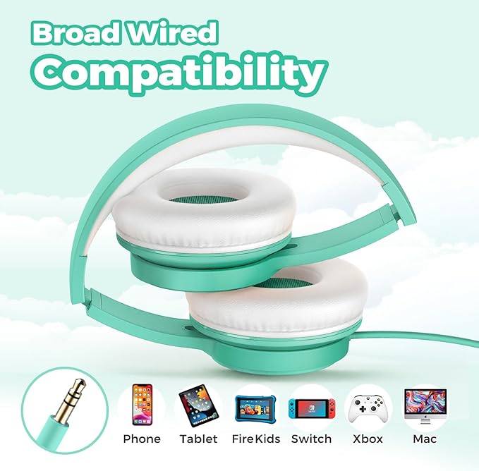 TuneFlux Upgraded Kids Headphones, Wired Toddler Headsets, 85dB Limited Volume On Ear Headphones, Portable Foldable Design, Stereo Sound Kids Headsets for School/Tablet/Travel-Green