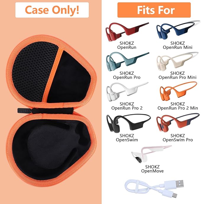 Hard Case Replacement for SHOKZ OpenRun Pro 2 / Pro 2 Mini/OpenMove/OpenRun/OpenSwim Open-Ear Bone Conduction Sport Headphones (Black + Orange Case)