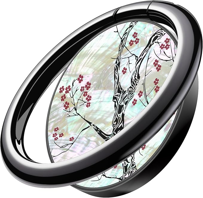 Carveit Natural Shells Cell Phone Ring Holder Metal Phone Kickstand Grip for iPhone 16 Pro Max/15/14 & Galaxy S23/S24/S25 Ultra & Pixel 8/9 -Black-Cherry Blossom
