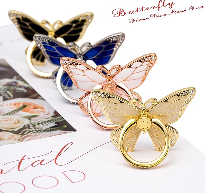 Butterfly Cell Phone Ring Grip Holder, 360 Degrees Rotation Phone Ring Grip Stand, Metal Finger Kickstand Compatible with iPhone, Samsung Galaxy, Android Phone Cases
