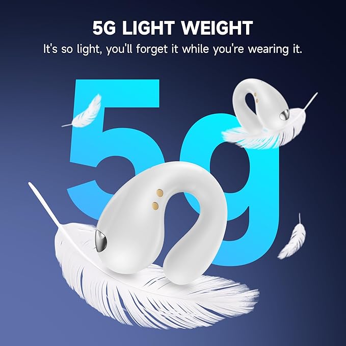 Open Ear Earbuds Wireless Bluetooth 5.3, Flexible Clip On Ear Buds with 50H Playtime LED Display Bone Conduction Headphones, IPX7 Waterproof Light Weight Earbuds Fit for Every Ear (White)