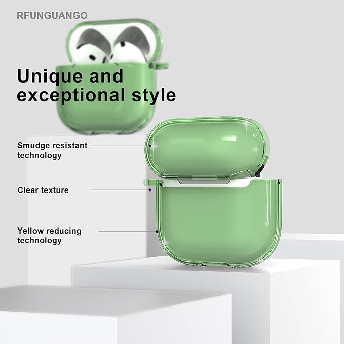 RFUNGUANGO AirPods 4 Case Clear, Soft TPU Transparent with Cleaning Kit & Keychain, Compatible with Magsafe, Compatible Apple AirPods 4 (2025) Generation Protective Case, Green