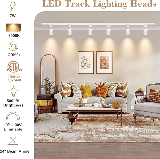 Arcfox 7W 3000K H Type Dimmable LED Track Lighting Heads, 3 Wire Single Circuit 500lm CRI90 24° Angle Ceiling Spotlight for Accent Task Wall Art Exhibition Store, ETL5027448(6 Pack, White)