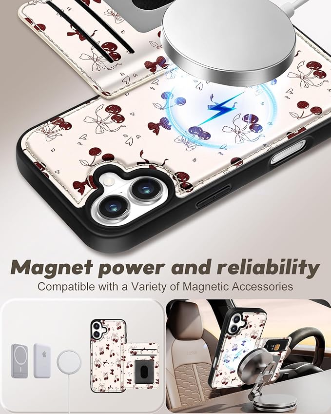 for iPhone 16 Wallet Case - Fits 4 Card Slots, Compatible with MagSafe for Women Aesthetic Durable PU Leather Credit Card Holder Kickstand Phone Cover for Apple 16, Bow Cherry