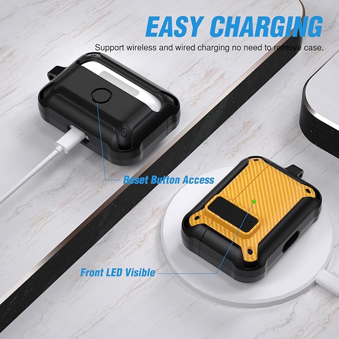 Valkit Compatible Airpods Pro Case with Lock Clip, Carbon Fiber Texture Air Pod Pro Case Cover with Keychain for Men Women Cool AirPod Pro Shockproof Protective Case for AirPods Pro 2019, Black/Yellow