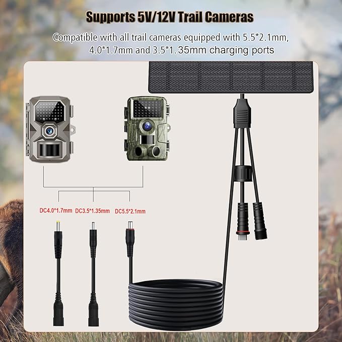 10W Solar Panel with 10400mAh Battery for Security & Trail Cameras, 5V/12V Adjustable Output, USB-C & DC Plugs, IP66 Waterproof, 360° Mount, 9.8ft Cable