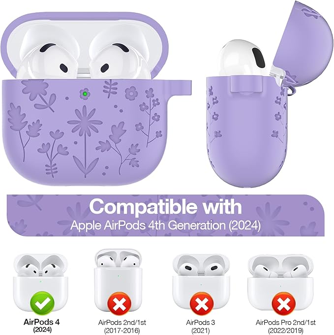 Compatible with AirPods 4th Generation Case Cover with Cleaner Kit, Flower Engraved Silicone Shockproof Protective Skin Cover for AirPods 4 Case 2024 with Keychain, Purple