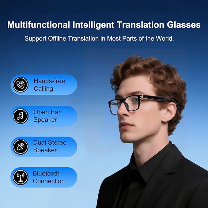 AI Smart Bluetooth Glasses with 140+ Languages Real-Time Translation for Men/Women, Wireless Bluetooth Safety Translation Glasses with Speakers for Work/Business/Sports/Drive