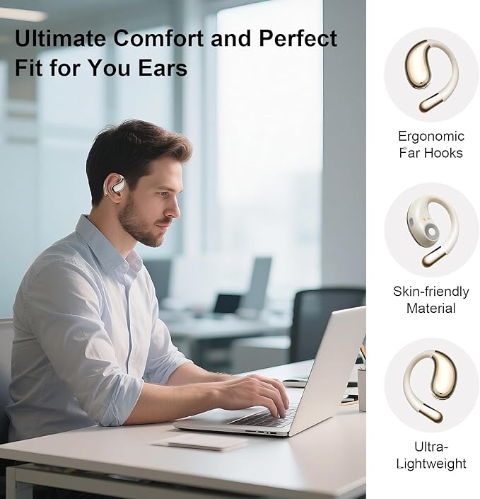 Wireless Earbuds,Open Ear Earbuds - Bone Conduction Headphones,running headphones,Waterproof Deep Bass Earphones for Fitness and Running, sports headphones,Sweat-Resistant for Workouts (Khaki White)