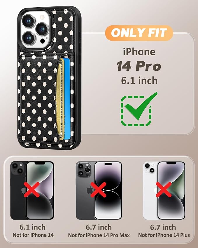 for iPhone 14 Pro Case with Wallet - Fits 4 Card Slots, Compatible with MagSafe for Women Aesthetic Durable PU Leather Credit Card Holder Kickstand Phone Cover for Apple 14 Pro, Black Polka