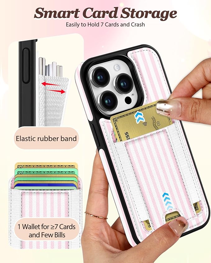 Shorogyt for iPhone 13 Pro Wallet Case - Fits 5 Cards, Compatible with Magsafe Detachable Magnetic Credit Card Holder Leather Cardholder Cute Phone Cover Women Girls for Apple 13Pro, Striped