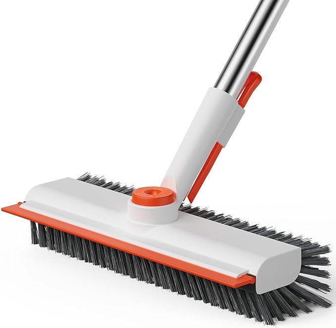 AIR U+ Floor Scrub Brush with Long Handle, 3 in 1 Scrape and Heavy-Duty Stiff Bristle Scrubber Brush for Cleaning Shower Bathroom, Patio, Garage, Kitchen, Wall and Deck, White and Orange