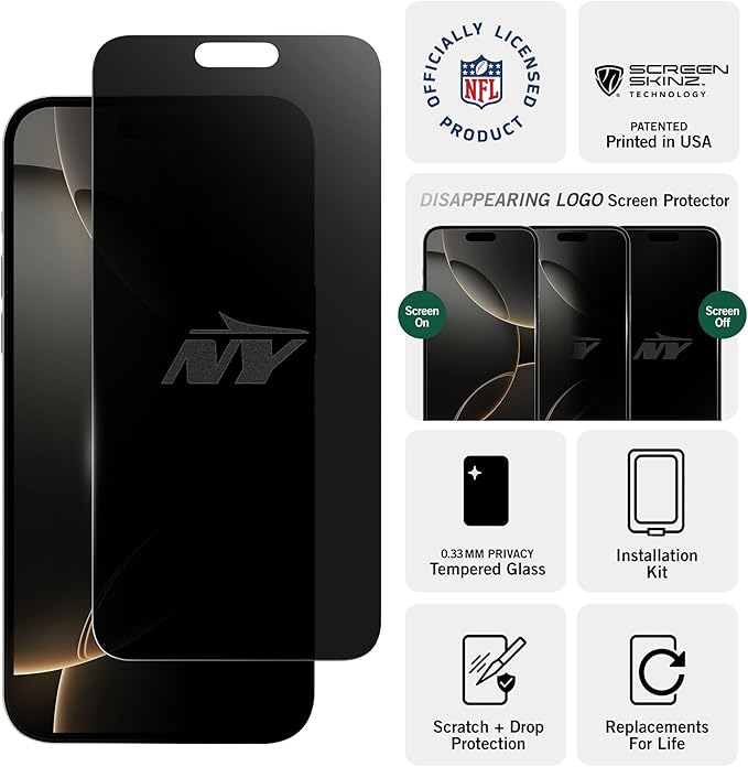 NFL New York Jets Privacy Screen Protector for iPhone 16 Pro with Disappearing Logo - Scratch-Resistant and Easy-to-Install Screen Protectors (Includes Installation Tray)