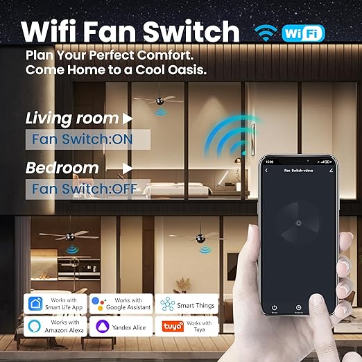 Smart Fan Switch Neutral Wire Required, 2.4GHz WiFi Dimmer Light Switch with Remote Voice Control, Tempered Glass Panel, Compatible with Alexa and Google Home, White WiFi Fan