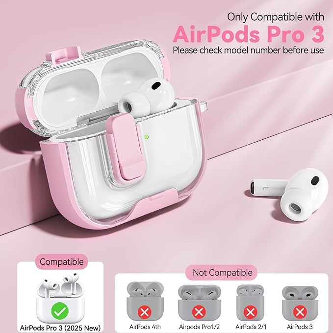 for AirPods Pro 3 Case 2025, with Keychain & Cleaner Kit, Soft TPU Cover for AirPods 3rd Generation Case with Safety Lock & Phone Stand, iPod Pro 3 Case Clear Cute Funny for Women Girls - Pink