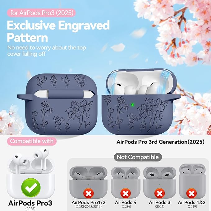 for Airpods Pro 3 Case with Magnetic Lid, Flower Engraved Case Cover Compatible with AirPods Pro 3rd Generation 2025, Soft Silicone Cases with Keychain & Cleaner for Women Girly, Shockproof