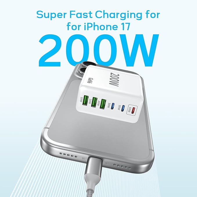 2 Pack USB C Charger Block, 200W GaN Super Fast Charger Type C iPhone 17 16 Fast Charging 6 Port Foldable PD Charging Station for All iPhone/Android Phone Samsung Galaxy S25/S24/MacBook iPad