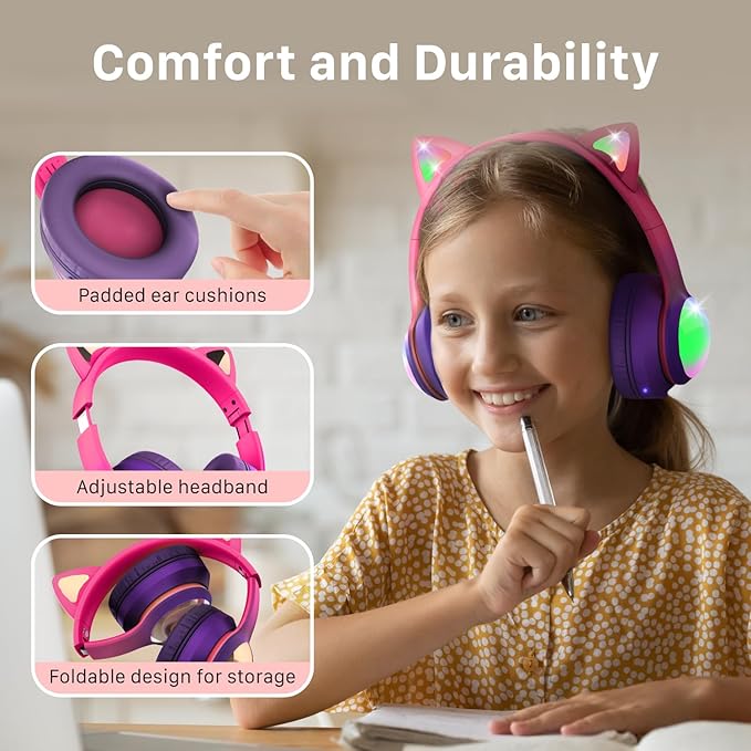 FosPower Kids Bluetooth 5.2 Headphones with LED Cat Ears (85/94dB Safe Volume Limit) Foldable Wireless or Wired Headset with 100hr Play Time and 3.5mm Cable for School/Travel - Hot Pink/Purple