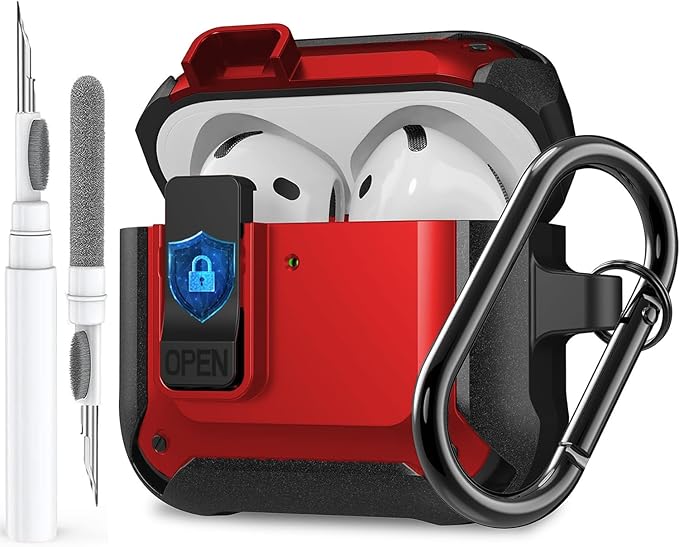 for Airpods 4 Case with Lock Clid, Rugged Apple Airpods 4th Generation Cover 2024 Men Women, Armor Shockproof iPod 4 Gen Protective Hard Shell with Carabiner&Cleaner kit, Black/Red