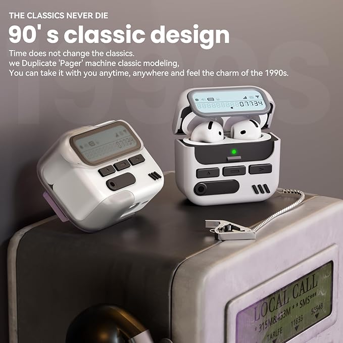 (with Safety Lock) Pager Cases for AirPods 4 Case Cover 2024 with Cleaner Kit,Sturdy Hard PC Protective for Apple AirPods 4th Generation Case for Men Women,AirPods 4 Accessories with Keychain-White