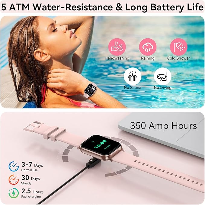 Smart Watches for Men Women, 1.83" HD Touchsreen, Bluetooth Calling, 5 ATM Water-Resistance, 130+ Sports Modes, Health, Fitness & Sleep Tracker, Timer, Pedometer, Fitness Watch for Android/iOS, Pink