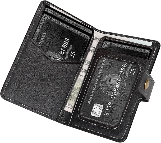 Ultra-Thin Magnetic Wallet Card Holder for iPhone and All MagSafe Protective Cases，Premium PU leather, powerful magnetic closure, stand function, 6 card slots (Black)