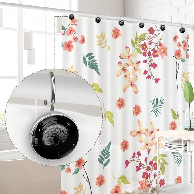 Dandelion Crystal Glass Shower Curtain Hooks for Bathroom Shower Rod, 12Pcs Round Home Decorative Shower Curtain Rings, Bathroom Bedroom Living Room Accessories
