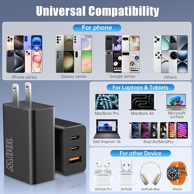 [2-Pack] USB C Wall Charger 3-Port,100W GaN Multiport Fast Charging Charger Block, PD+QC Power Adapter Plug for iPhone 17 Air/16/15/14/13/Pro Max/XS/XR, MacBook Pro/Air,iPad, Samsung S25/S24, and More