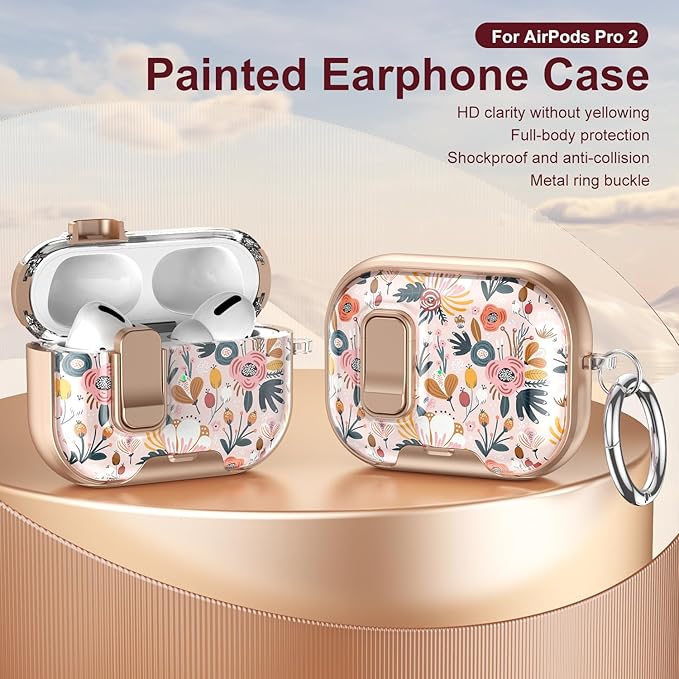 Case Compatible with AirPods 4 2024,Elegant Camellia Floral Pattern Cover for AirPods 4th Gen with Built-in Phone Stand,One-Click Secure Lock & Metal Carabiner,Wireless Charging,Gift for Girls Women