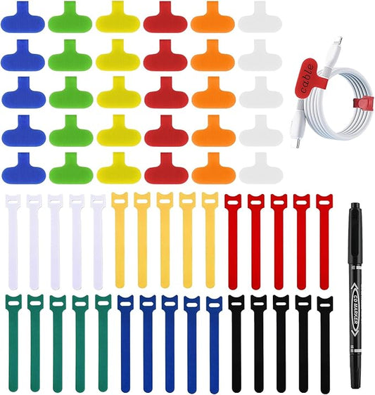 60 Pack Reusable Cable Labels & Cord Organizer Kit – Color-Coded Write-On Wire Labels with Marker + 30 Ties for Home Office Electronics Cord Management