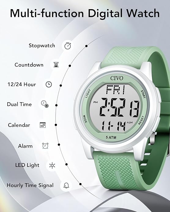 CIVO Digital Watches for Men Women: Sports Waterproof Wristwatch with Stopwatch Alarm Date - LED Backlight Big Numbers Silicone Watch for Outdoor Camping Running Cycling